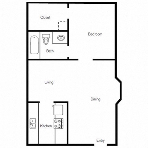 Floor plan for 1 bed, 1 bath, 804 sqft